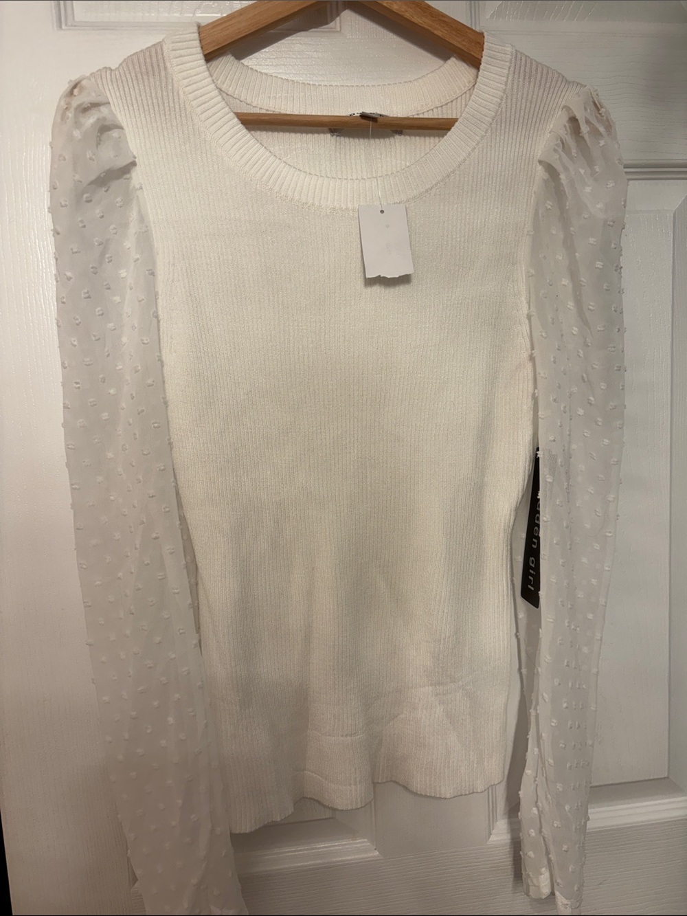 Madden Girl Ivory Cream Knit Sweater with Sheer Swiss Dot Sleeves
